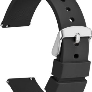 Yeacun-20mm Silicone Watch Band, Quick Release Rubber Replacement Strap with Silver Stainless Steel Buckle (Black)