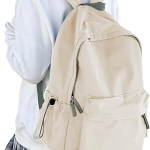 Yeacun-Cute School Backpack For Girls Boys Casual College Laptop Backpack Water Resistant High School Book Bag Lightweight Simple Daypack (Beige with Green)