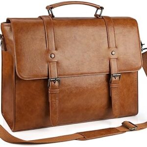 Yeacun-Mens Messenger Bag Vintage 15.6 Inch Waterproof Leather Laptop Briefcase Large Satchel Shoulder Bag Retro Office College Computer Bag, Brown