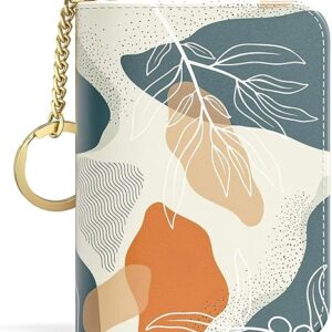 Yeacun-Credit Card Holder, Small Card Wallet Slim Leather Card Organizer Case with Zipper & Keychain, Abstract Boho Leaves